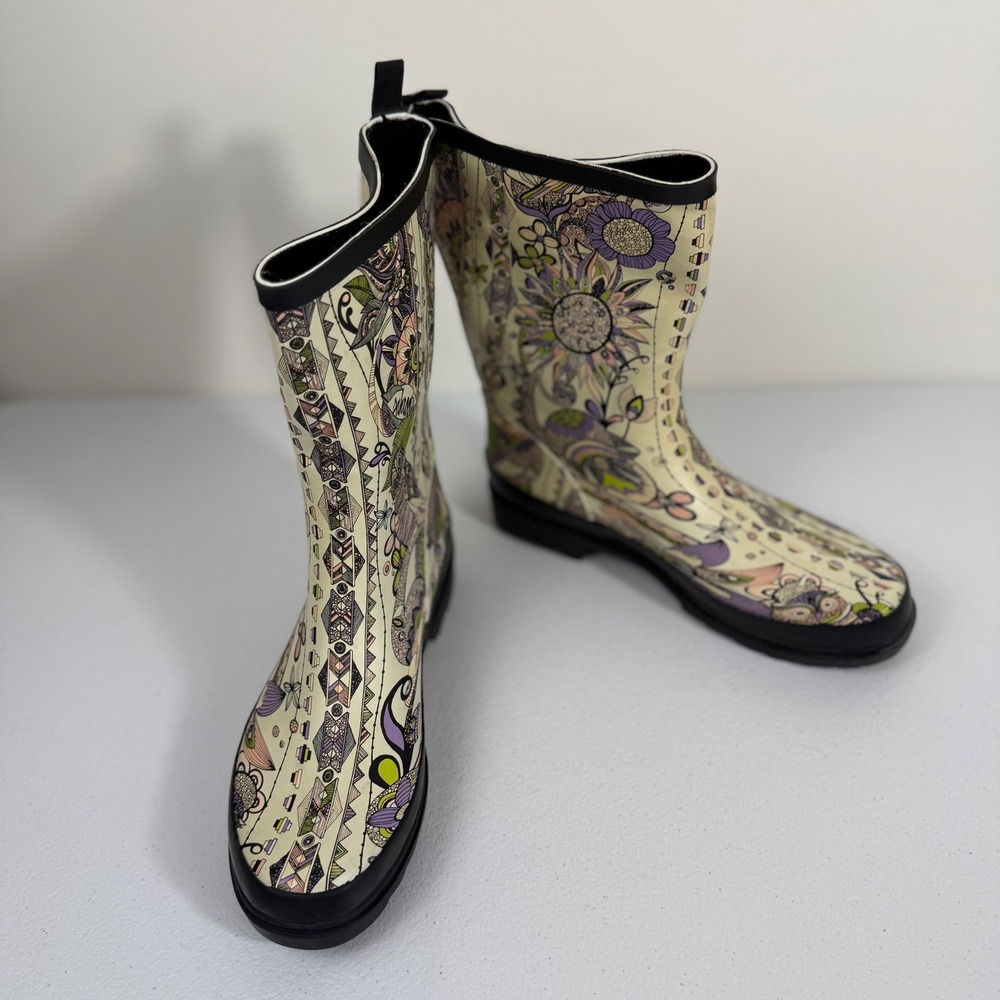 Sakroots Womens Owl Floral Print Rubber Rain Boots Multi-Color Mid-Calf Buckle 9